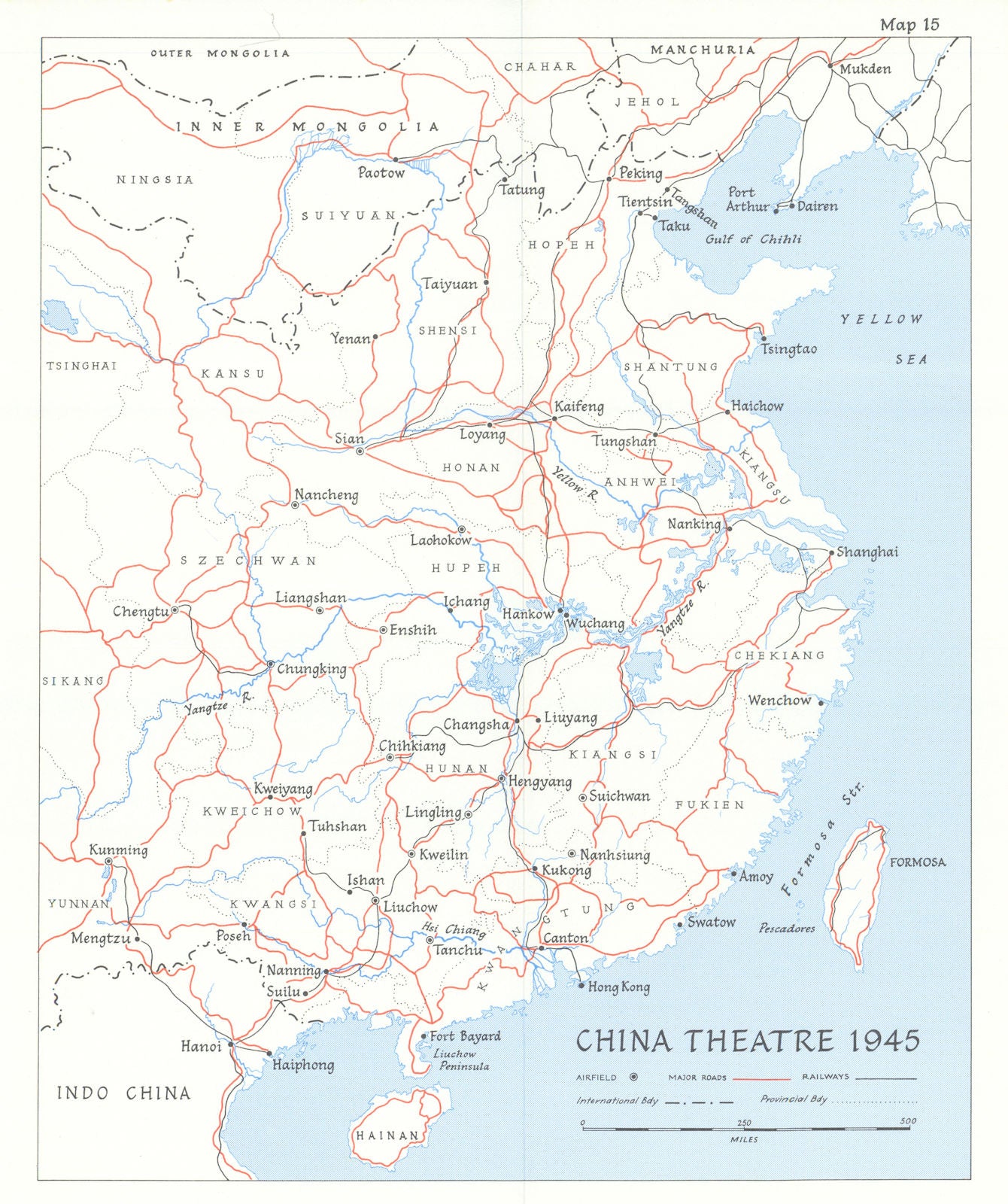 China Theatre 1945. Airfields roads railways. World War Two 1969 old map
